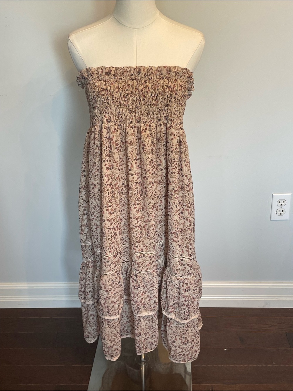 Strapless Smocked Midi Dress in Floral Blush